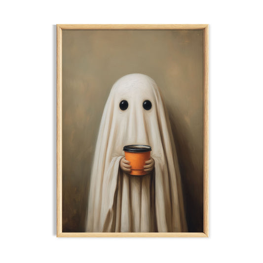 Cute sheet ghost holding an orange coffee cup against a warm neutral cottagecore Halloween background