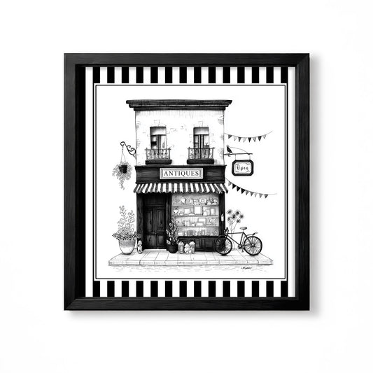 Black and white antique shop illustration with striped border, plants and bicycle