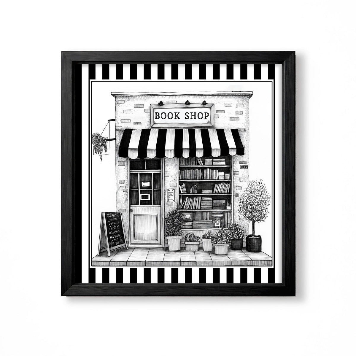 Black and white book shop storefront illustration with striped awning and plants