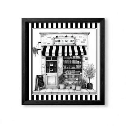 Black and white book shop storefront illustration with striped awning and plants