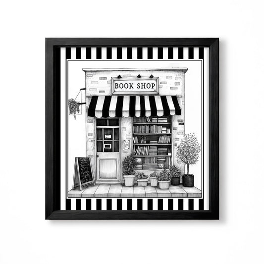 Black and white book shop storefront illustration with striped awning and plants