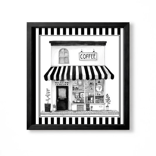 Black and white coffee shop storefront illustration with striped awning and border