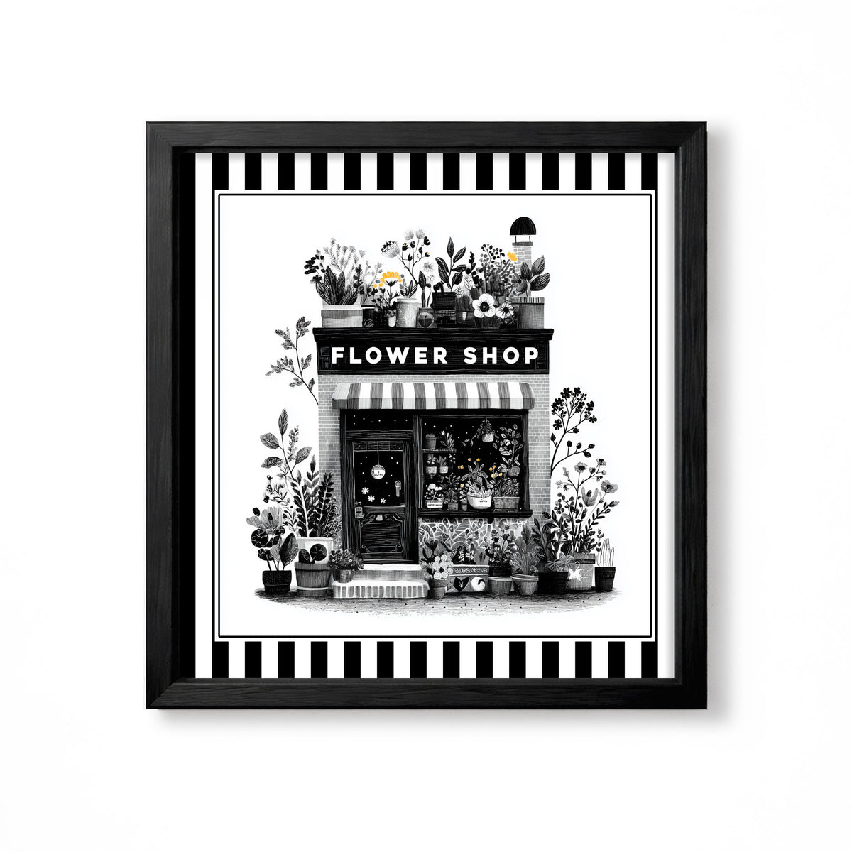 Black and white flower shop wall art with striped border and detailed botanical storefront