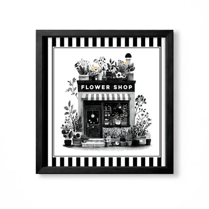 Black and white flower shop wall art with striped border and detailed botanical storefront