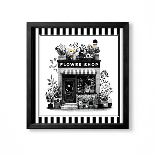 Black and white flower shop wall art with striped border and detailed botanical storefront