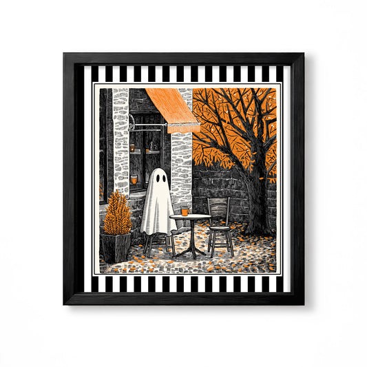 Small white ghost sitting at an autumn cafe table beneath an orange tree