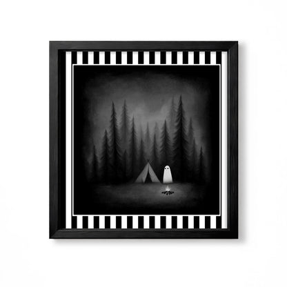 Small white ghost camping beside a tent and campfire in a dark forest