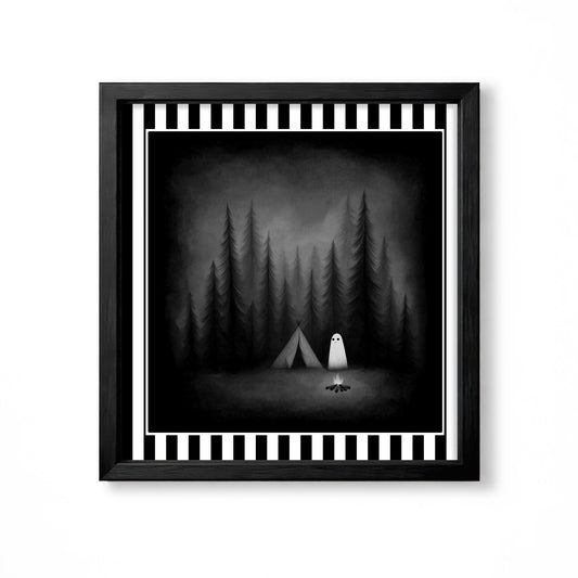 Small white ghost camping beside a tent and campfire in a dark forest