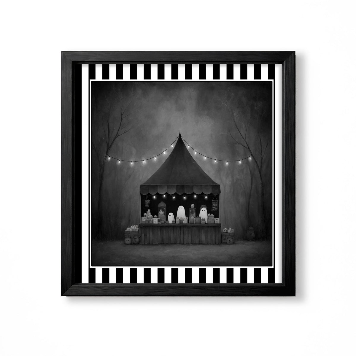 Ghosts behind a dark carnival stall lit by string lights in a forest
