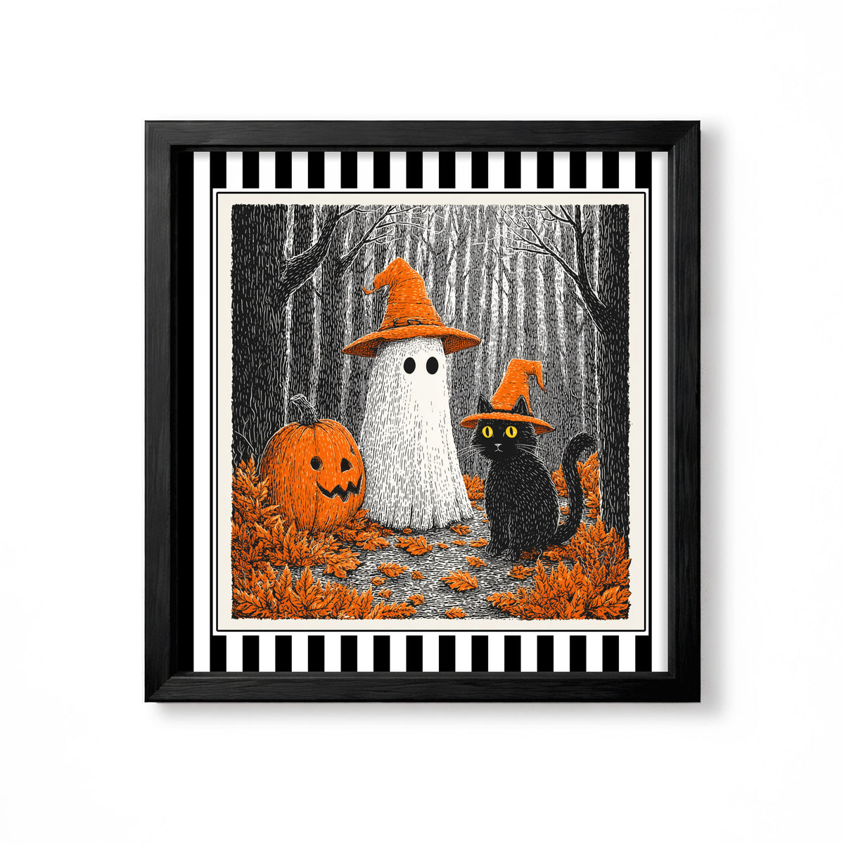 White ghost, black cat and jack-o'-lantern in an orange autumn forest