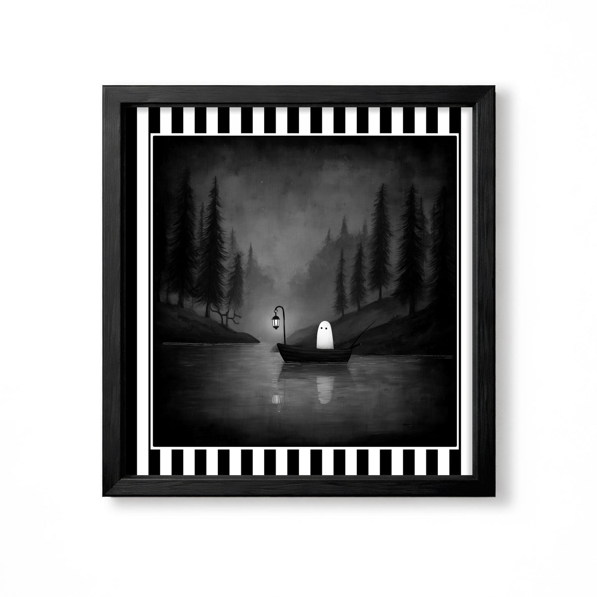 Small white ghost in a rowboat with a lantern on a dark misty lake