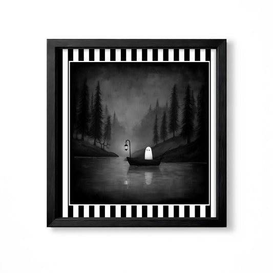 Small white ghost in a rowboat with a lantern on a dark misty lake