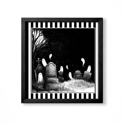 Tiny white ghosts floating through a black and white graveyard beneath a dark tree