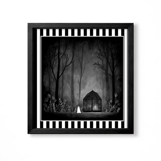 Small white ghost beside a glass greenhouse in a dark woodland garden