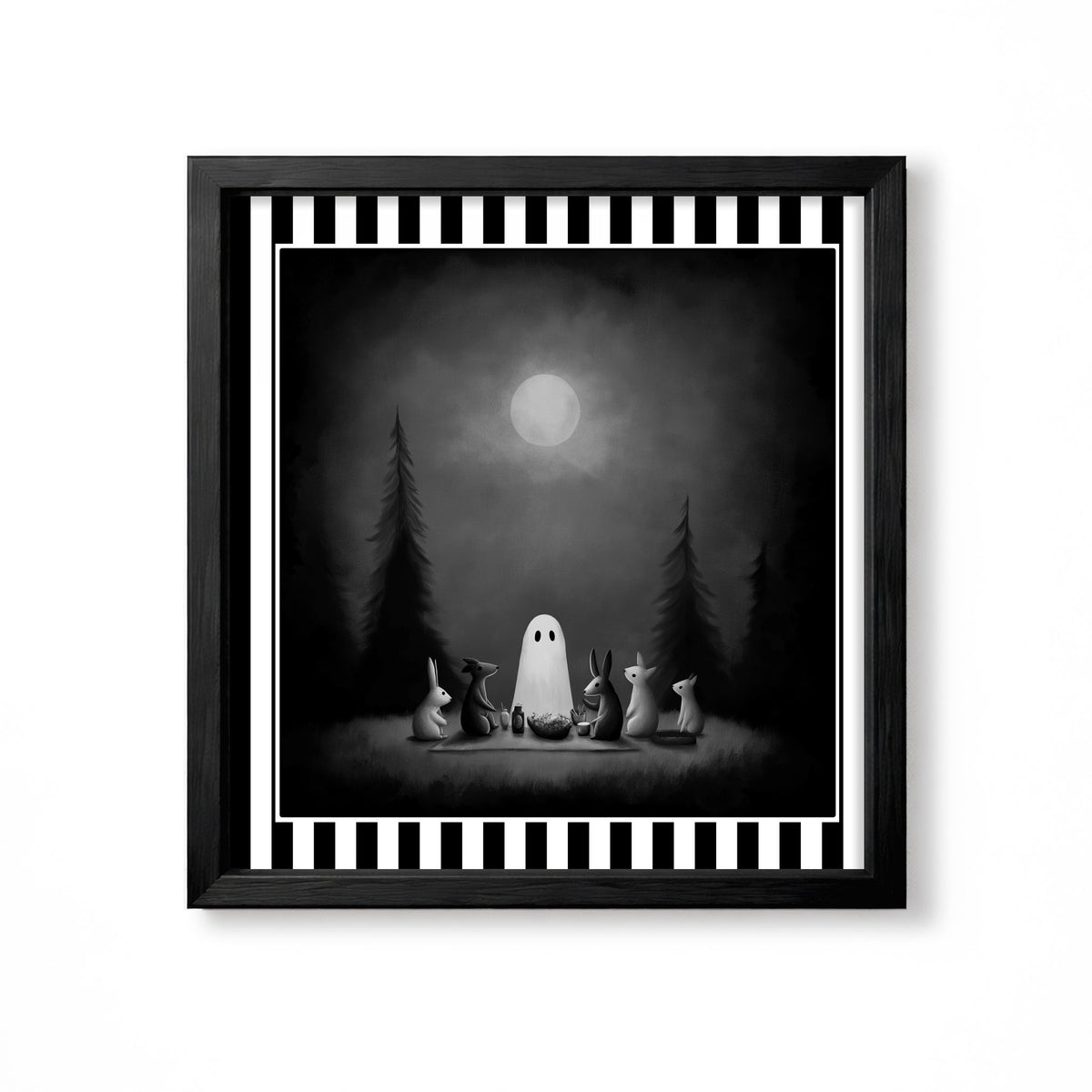 White ghost sharing a moonlit picnic with woodland animals in a dark forest