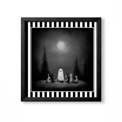 White ghost sharing a moonlit picnic with woodland animals in a dark forest