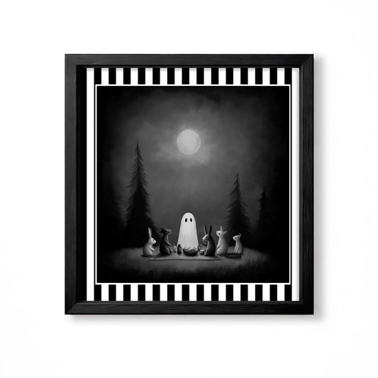 White ghost sharing a moonlit picnic with woodland animals in a dark forest
