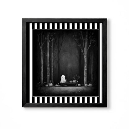 Small white ghost at a picnic table surrounded by pumpkins in a dark forest