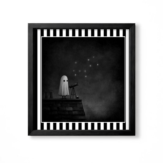 Small white ghost using a telescope to look at stars from a dark rooftop