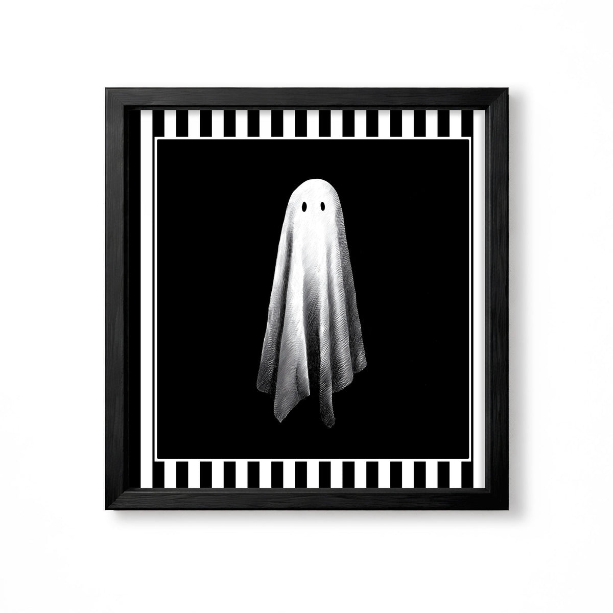Single white sheet ghost on a solid black background in a monochrome gothic illustration