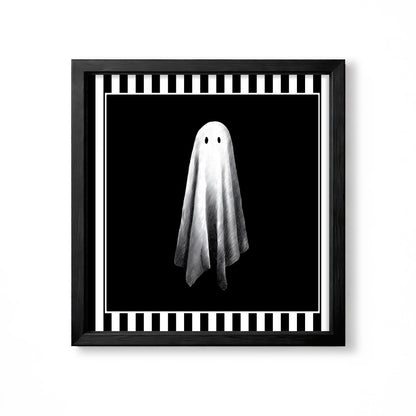 Single white sheet ghost on a solid black background in a monochrome gothic illustration