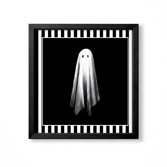 Single white sheet ghost on a solid black background in a monochrome gothic illustration
