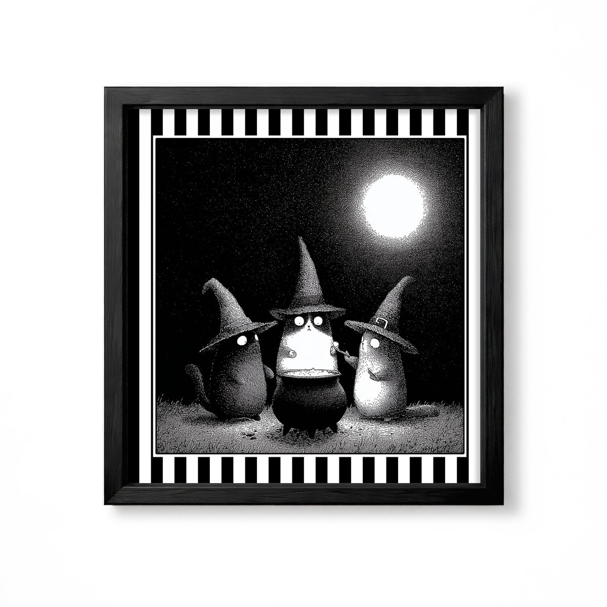 Three whimsical witch cats in pointed hats under a full moon, black and white gothic illustration