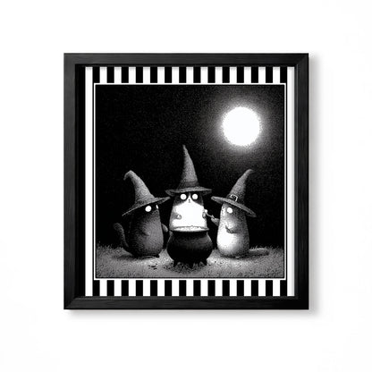 Three whimsical witch cats in pointed hats under a full moon, black and white gothic illustration
