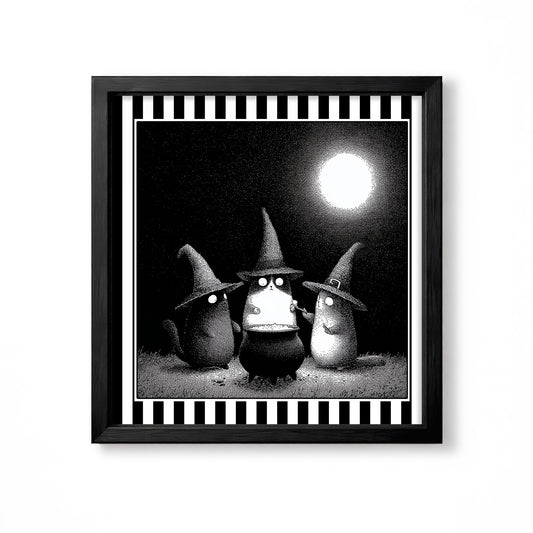 Three whimsical witch cats in pointed hats under a full moon, black and white gothic illustration