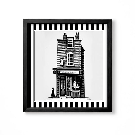 Black and white illustrated York ghost shopfront with small ghost figures and striped border