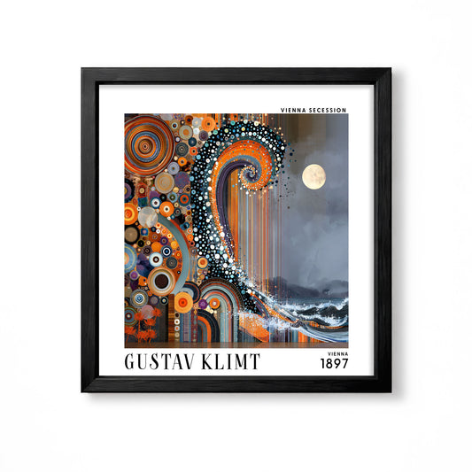Gustav Klimt style abstract ocean wave square art print in black frame with orange blue circles, sweeping wave and moonlit grey sky