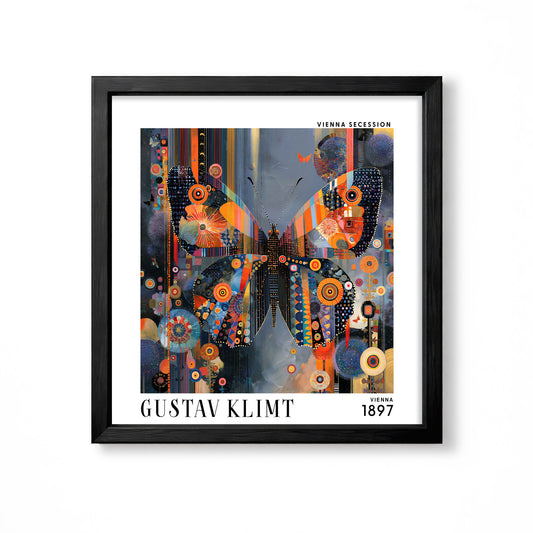 Gustav Klimt style butterfly square art print in black frame with orange blue black wings and colourful geometric Vienna Secession detail