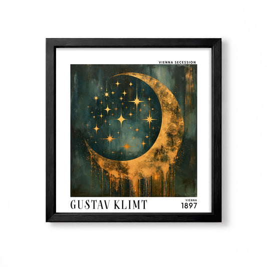 Gustav Klimt style crescent moon square art print in black frame with gold moon and stars on a deep teal celestial background