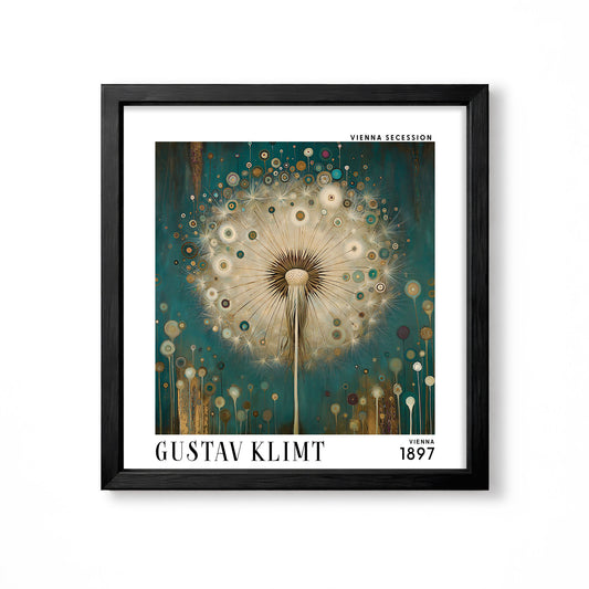 Gustav Klimt style dandelion square art print in black frame with teal background, delicate seed head and gold circular botanical detail