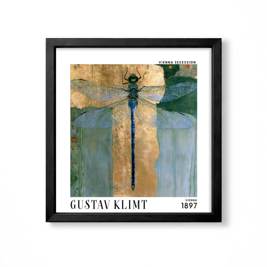 Gustav Klimt style dragonfly square art print in black frame with blue wings, green tones and textured gold Vienna Secession background