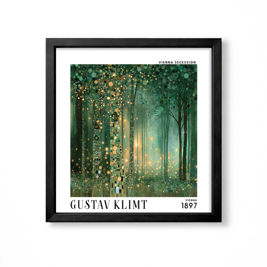 Gustav Klimt style emerald forest square art print in black frame with green woodland and glowing gold decorative detail