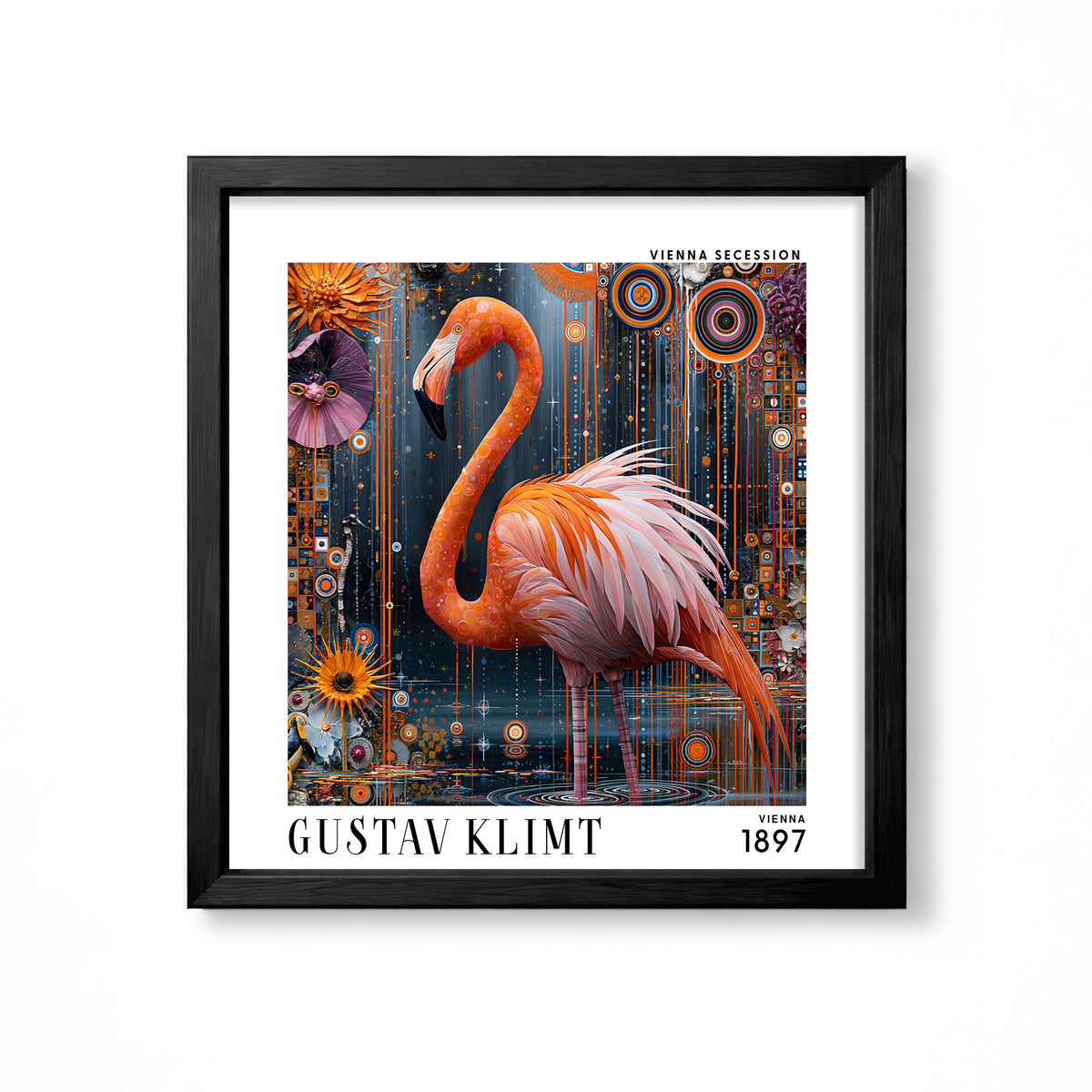 Gustav Klimt style flamingo square art print in black frame with coral pink bird, dark blue background and colourful geometric floral detail