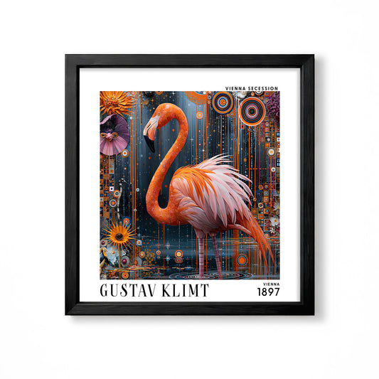 Gustav Klimt style flamingo square art print in black frame with coral pink bird, dark blue background and colourful geometric floral detail