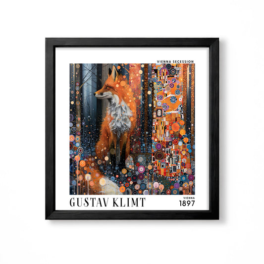 Gustav Klimt style fox square art print in black frame with red fox, dark woodland and colourful orange blue mosaic ornament