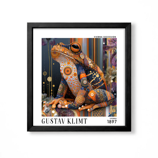 Gustav Klimt style frog square art print in black frame with orange, blue and black geometric Vienna Secession ornament