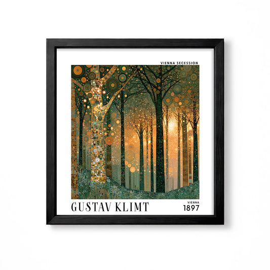 Gustav Klimt style golden forest square art print in black frame, green and gold Vienna Secession wall art