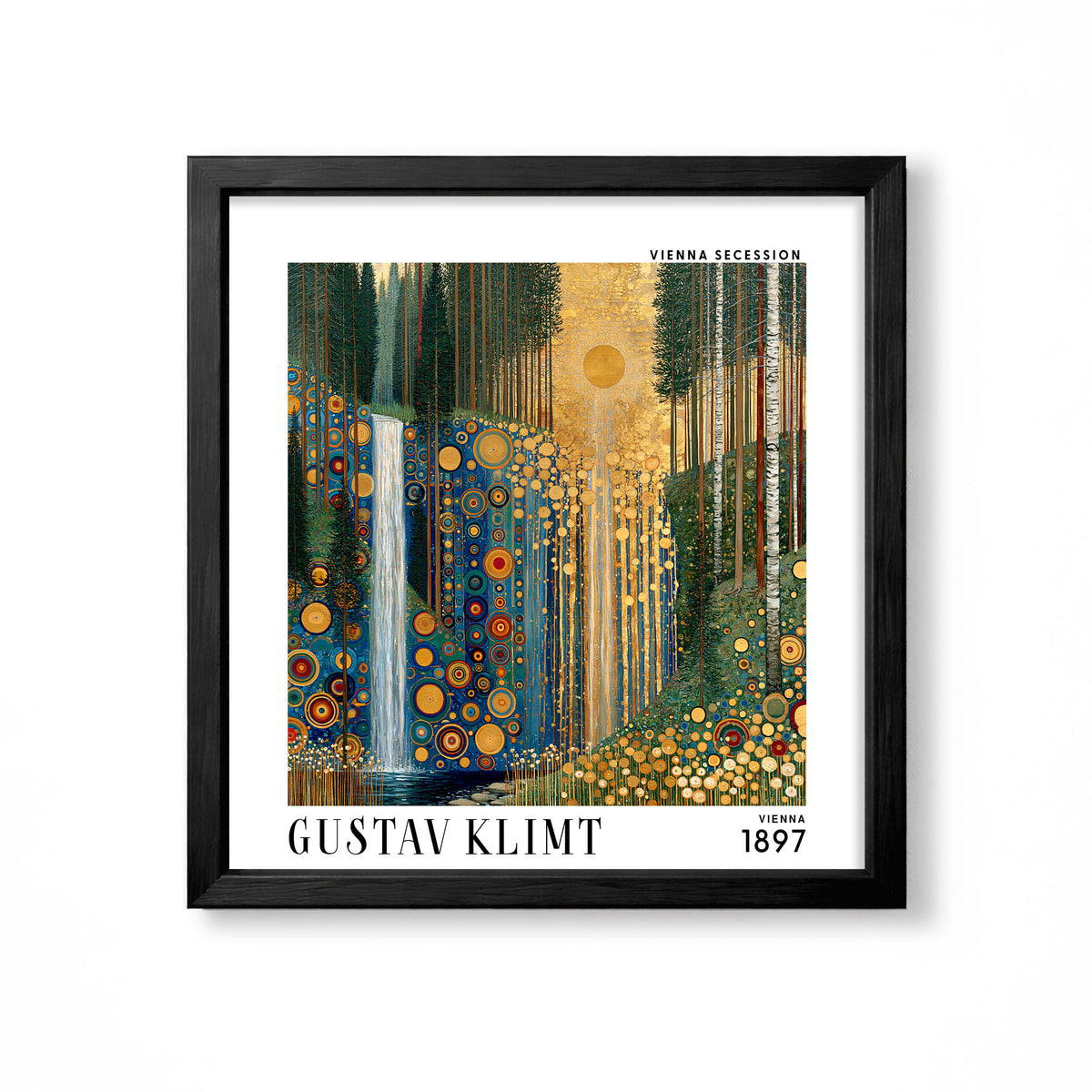 Gustav Klimt style golden forest waterfall square art print in black frame with tall trees, blue water, gold sun and circular decorative detail