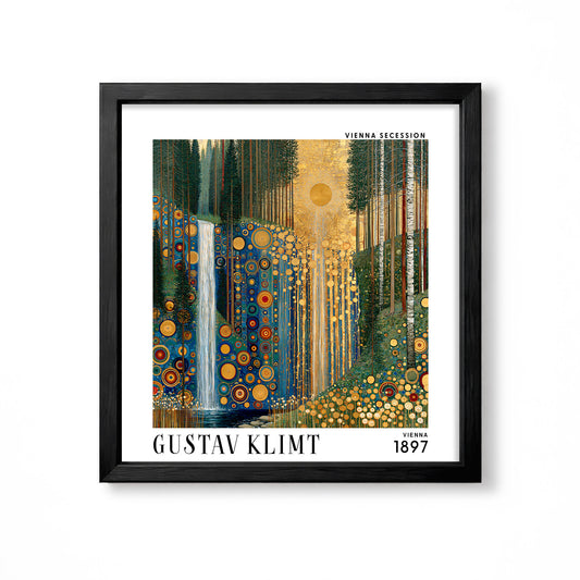 Gustav Klimt style golden forest waterfall square art print in black frame with tall trees, blue water, gold sun and circular decorative detail