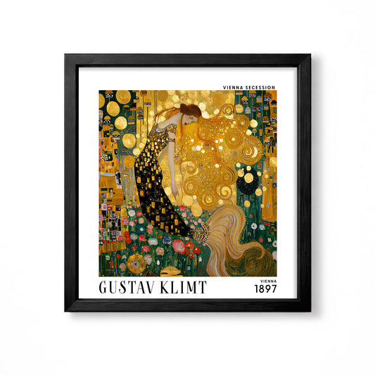 Gustav Klimt style golden lady square art print in black frame with elegant woman, gold ornament and colourful floral detail