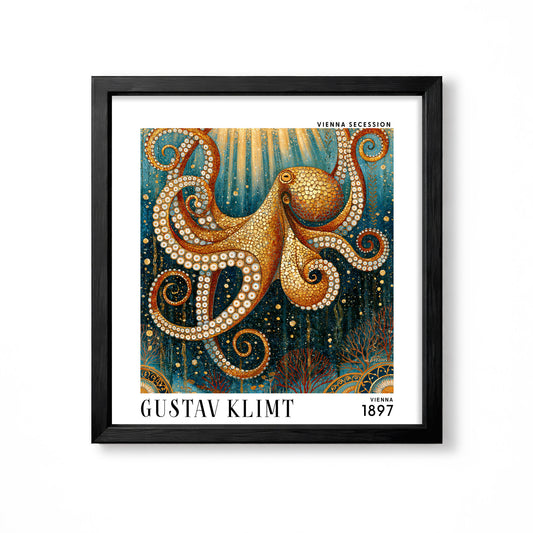 Gustav Klimt style golden octopus square art print in black frame with curling tentacles, teal blue sea and ornate Art Nouveau detail