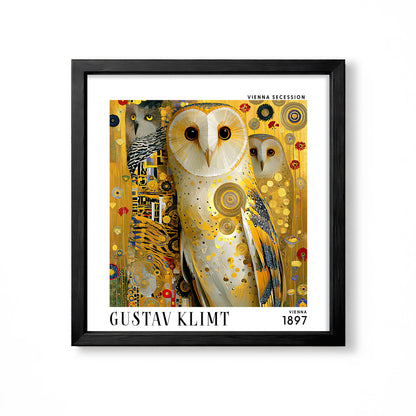Gustav Klimt style golden owls square art print in black frame with white owls, gold ornament and colourful Vienna Secession detail