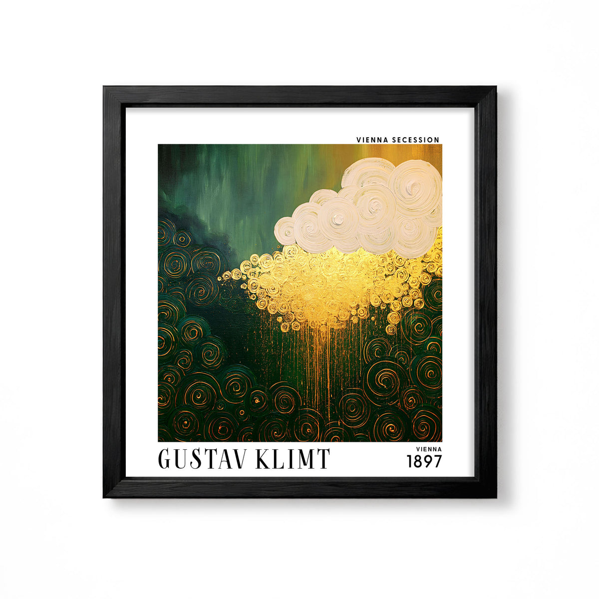 Gustav Klimt style golden rain cloud square art print in black frame with cream cloud, gold rain and deep green spiral background