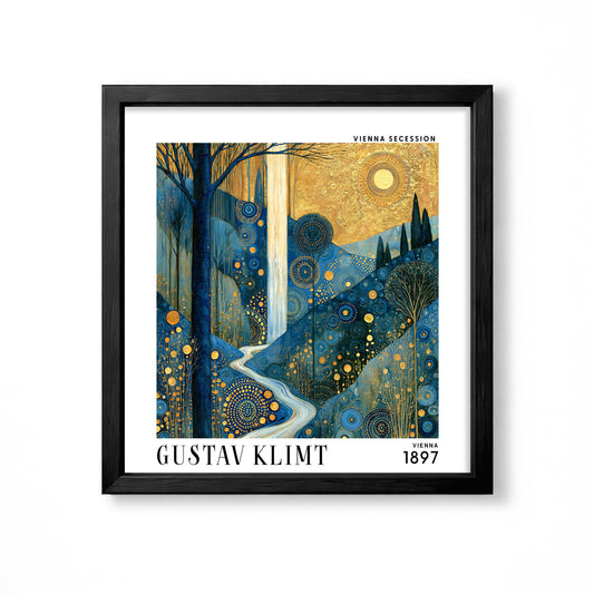 Gustav Klimt style golden valley waterfall square art print in black frame with blue forest, winding river and gold decorative detail