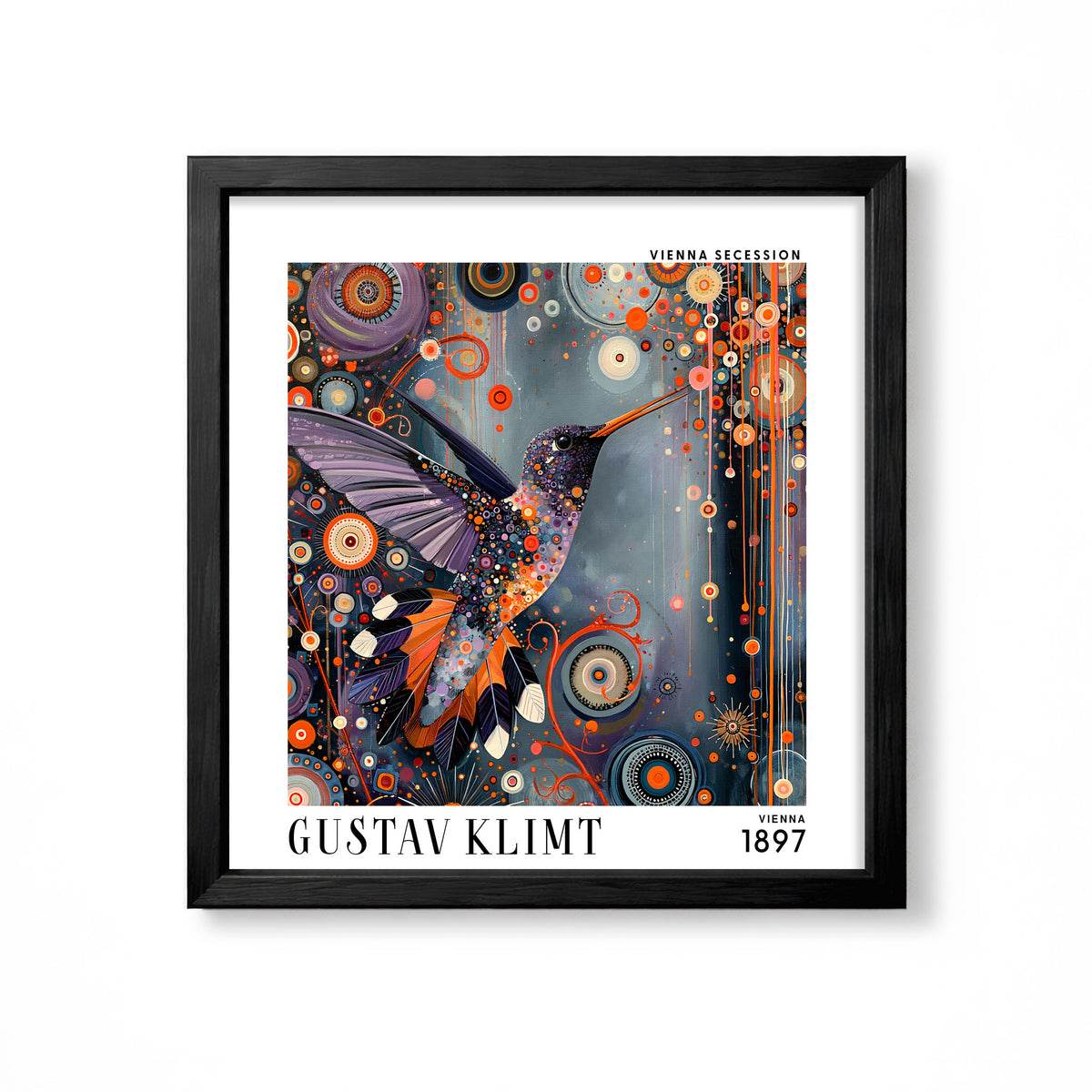 Gustav Klimt style hummingbird square art print in black frame with purple orange bird and colourful circular Art Nouveau mosaic detail