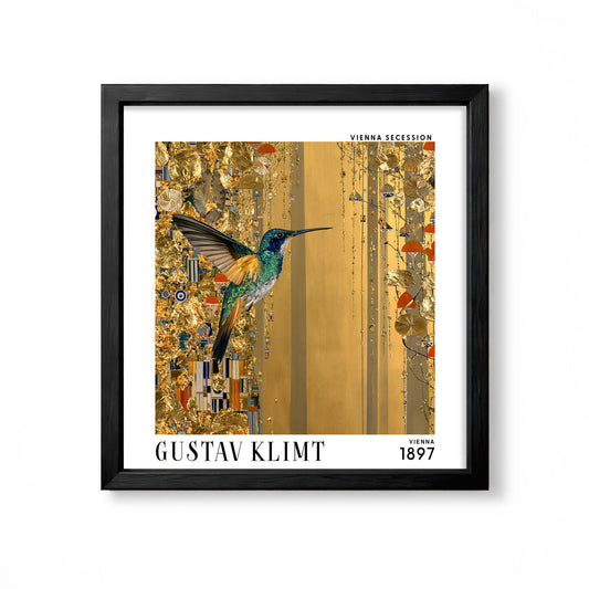 Gustav Klimt style hummingbird square art print in black frame with jewel toned bird, gold botanical detail and Vienna Secession design